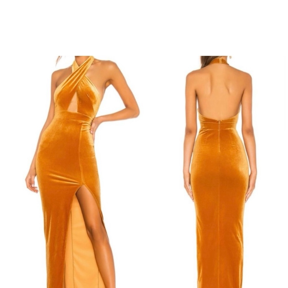 Michael Costello Yellow Gown with Cut Out and Slit for Prom